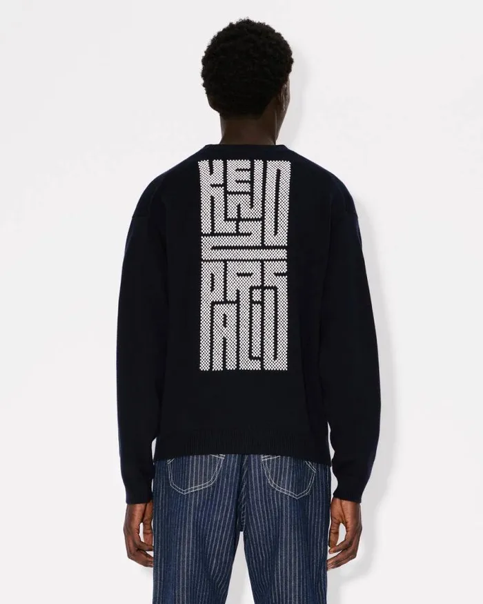 Men 039KENZO Kamon039 Embroidered Cardigan In Wool And Cotton Blue Black Kenzo Sweaters And Cardigans