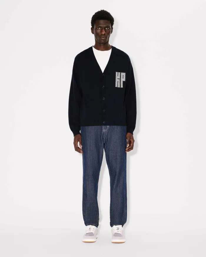 Men 039KENZO Kamon039 Embroidered Cardigan In Wool And Cotton Blue Black Kenzo Sweaters And Cardigans