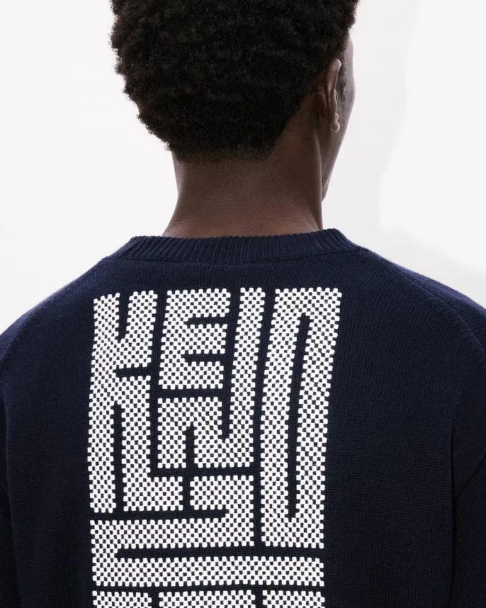 Men 039KENZO Kamon039 Embroidered Cardigan In Wool And Cotton Blue Black Kenzo Sweaters And Cardigans