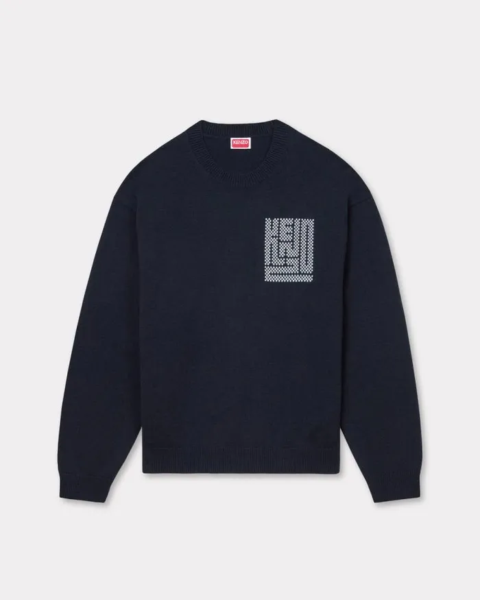 Men 039KENZO Kamon039 Embroidered Jumper In Wool And Cotton Blue Black Kenzo Sweaters And Cardigans