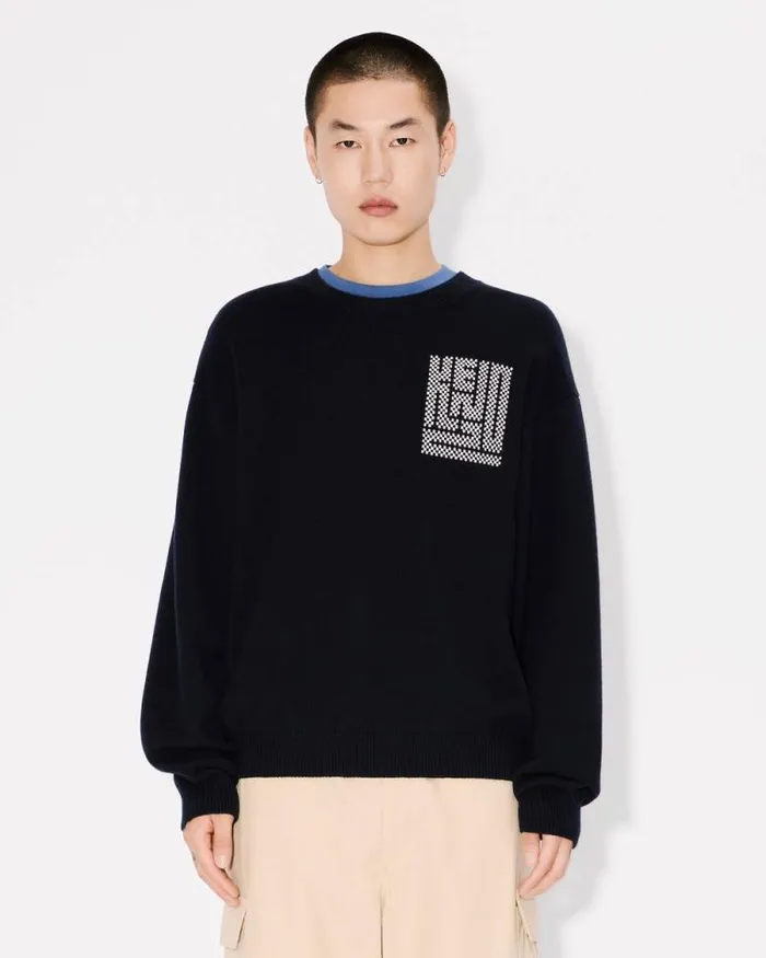 Men 039KENZO Kamon039 Embroidered Jumper In Wool And Cotton Blue Black Kenzo Sweaters And Cardigans