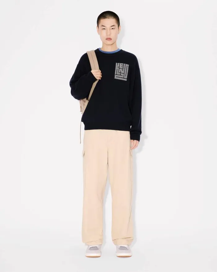 Men 039KENZO Kamon039 Embroidered Jumper In Wool And Cotton Blue Black Kenzo Sweaters And Cardigans