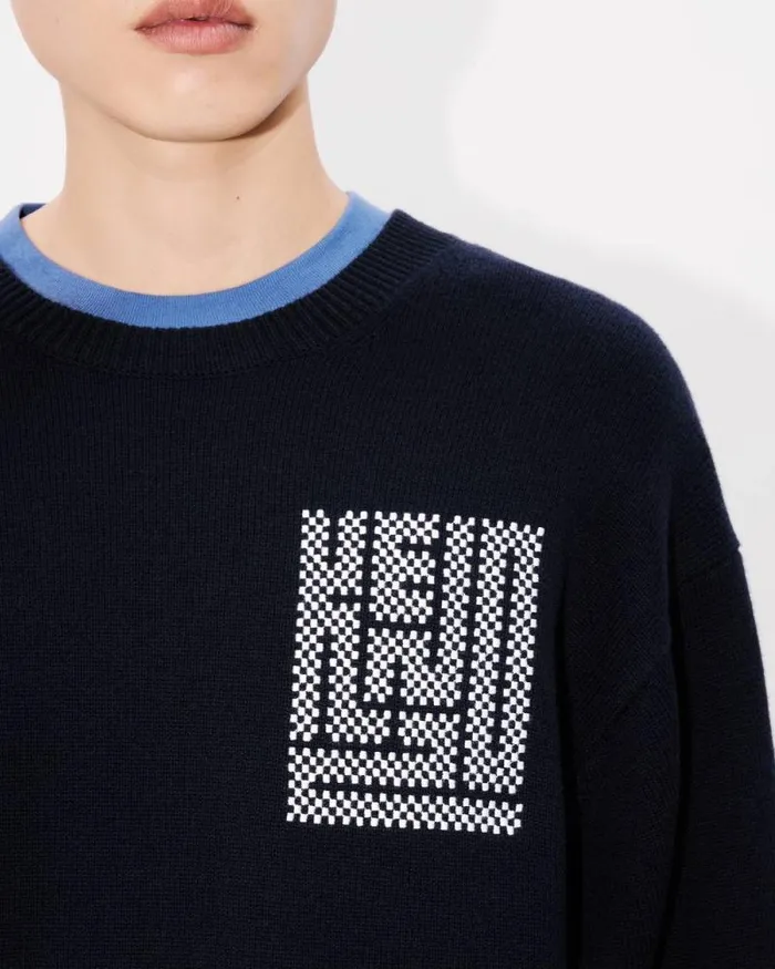 Men 039KENZO Kamon039 Embroidered Jumper In Wool And Cotton Blue Black Kenzo Sweaters And Cardigans