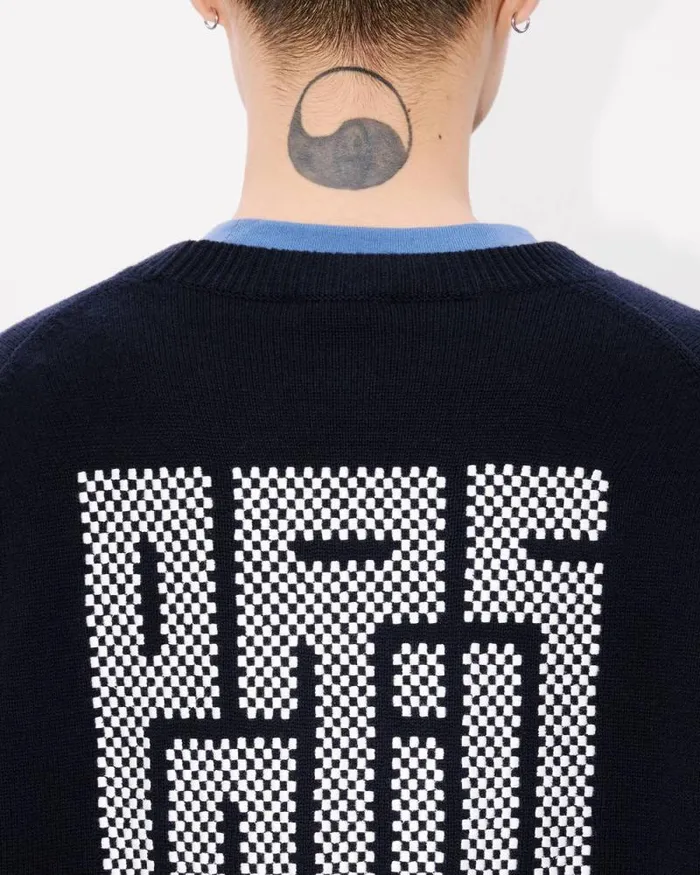 Men 039KENZO Kamon039 Embroidered Jumper In Wool And Cotton Blue Black Kenzo Sweaters And Cardigans