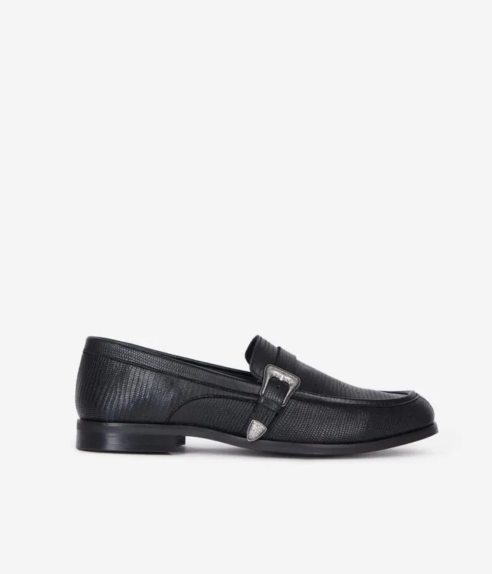 Men Black Leather Loafers With Western Buckle THE KOOPLES Shoes
