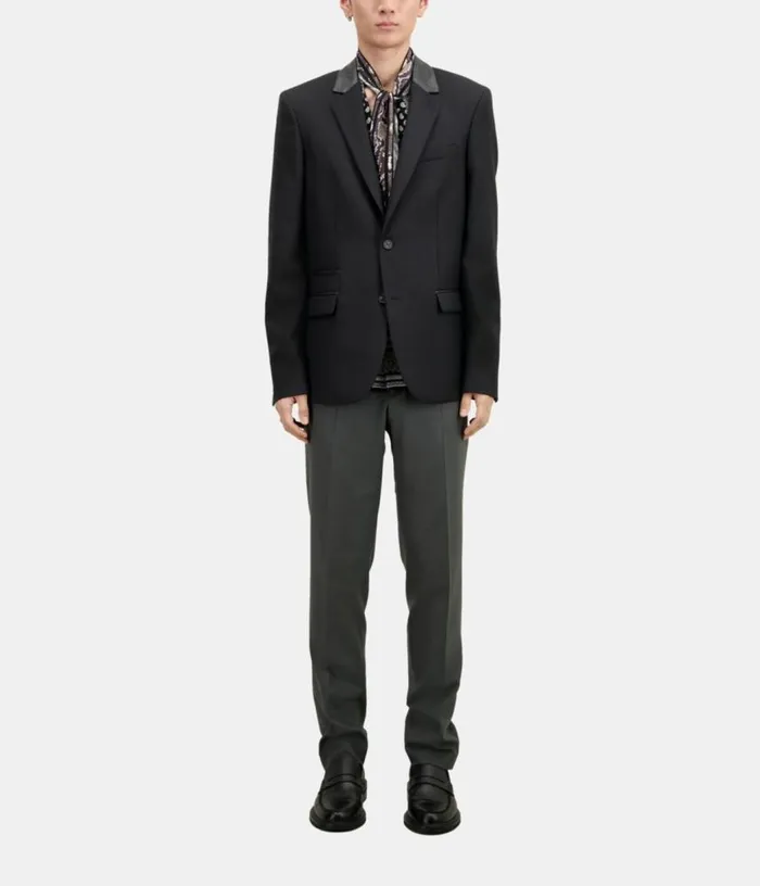 Men Black Wool Blazer With Leather Details THE KOOPLES Blazers and Suits