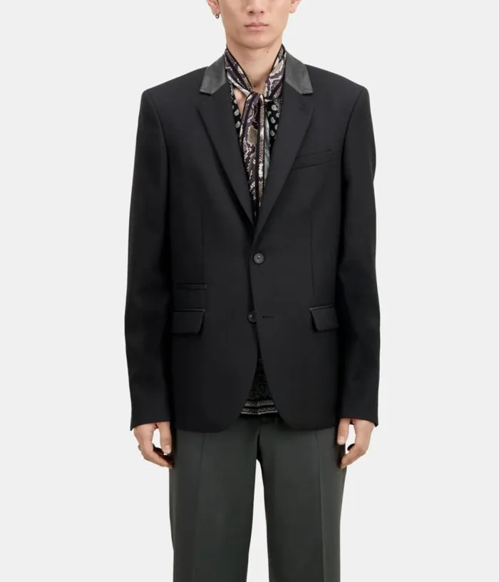 Men Black Wool Blazer With Leather Details THE KOOPLES Blazers and Suits