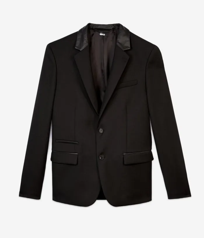 Men Black Wool Blazer With Leather Details THE KOOPLES Blazers and Suits