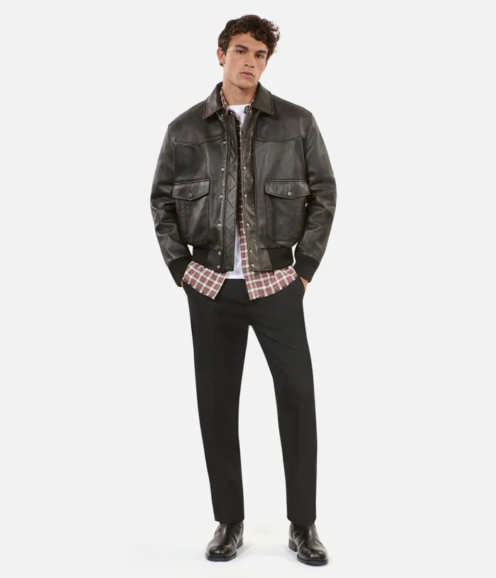 Men Brown Leather Jacket THE KOOPLES Coats and Jackets