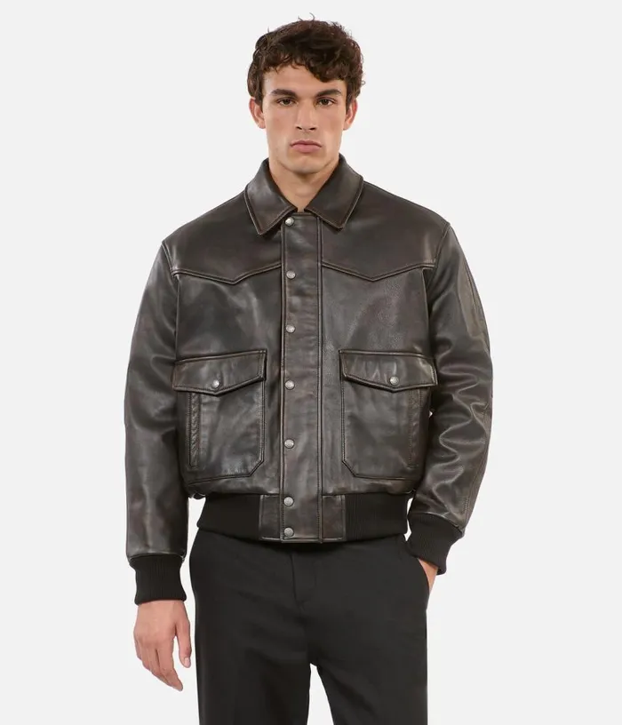Men Brown Leather Jacket THE KOOPLES Coats and Jackets