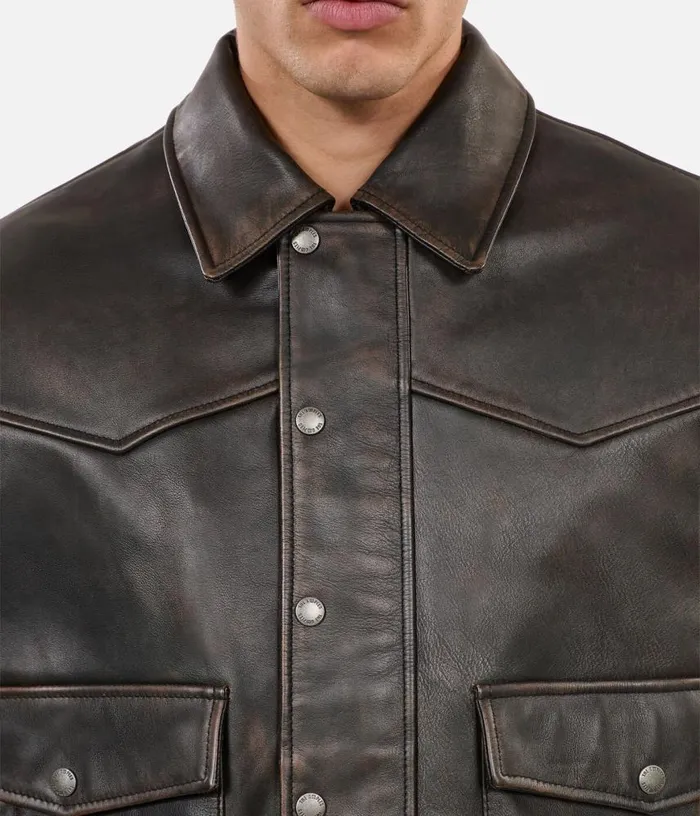 Men Brown Leather Jacket THE KOOPLES Coats and Jackets