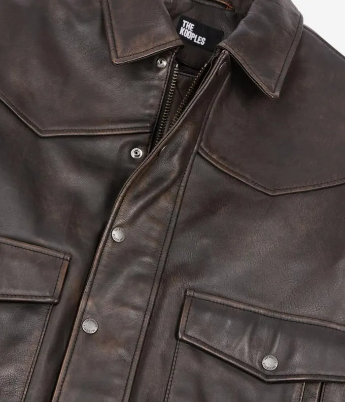 Men Brown Leather Jacket THE KOOPLES Coats and Jackets