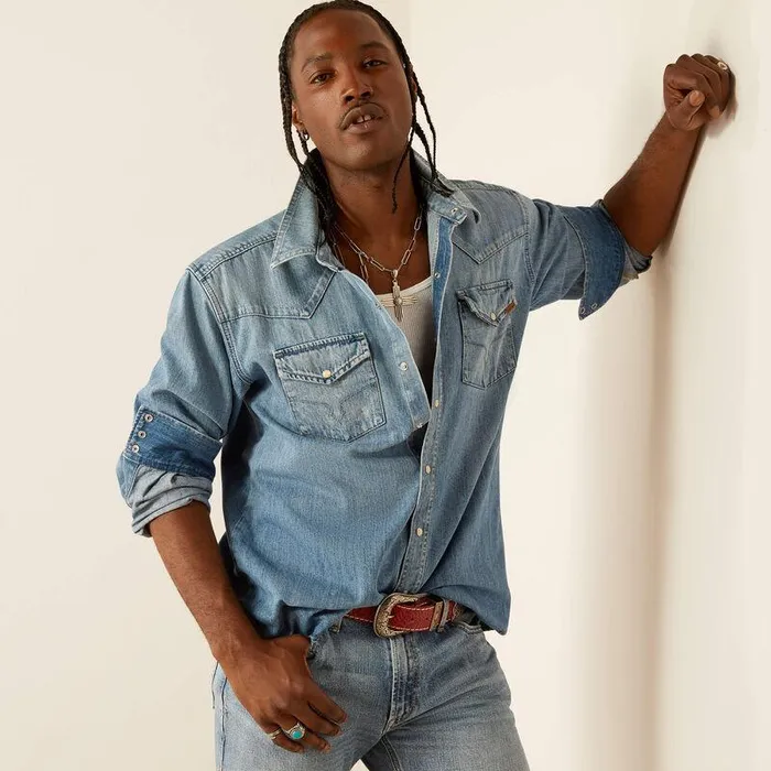 Men Button Down Shirts Ariat Everybody039s Yellowstone Weekly Denim Shirt Light Wash
