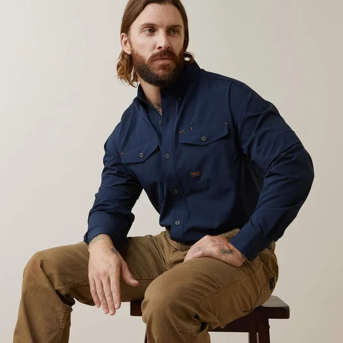 Men Button Down Shirts Ariat Rebar Made Tough VentTEK DuraStretch Work Shirt Navy