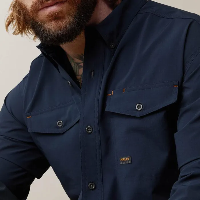 Men Button Down Shirts Ariat Rebar Made Tough VentTEK DuraStretch Work Shirt Navy