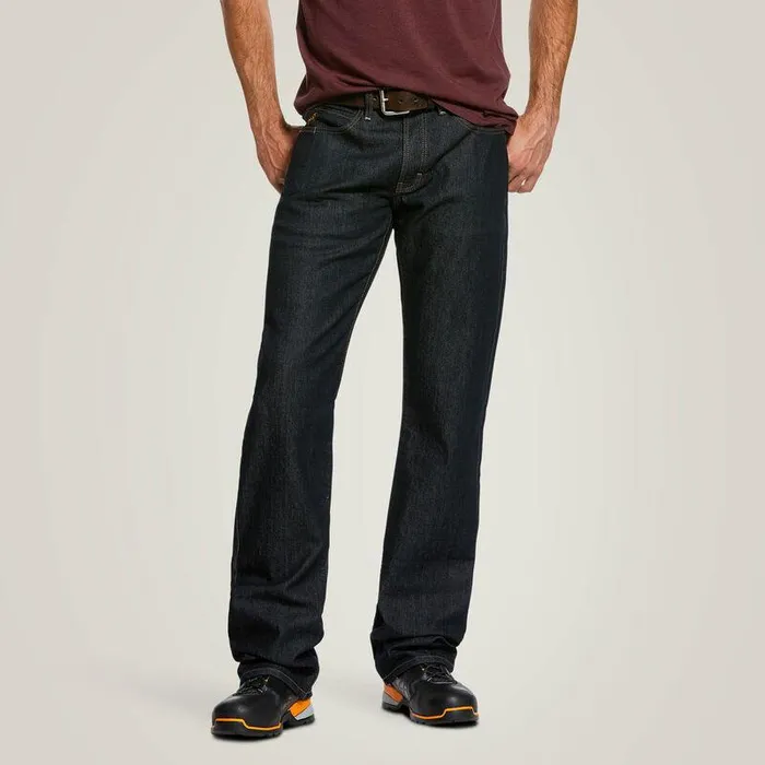 Men Denim Ariat Rebar M4 Relaxed DuraStretch Basic FlannelLined Boot Cut Jean Rinse
