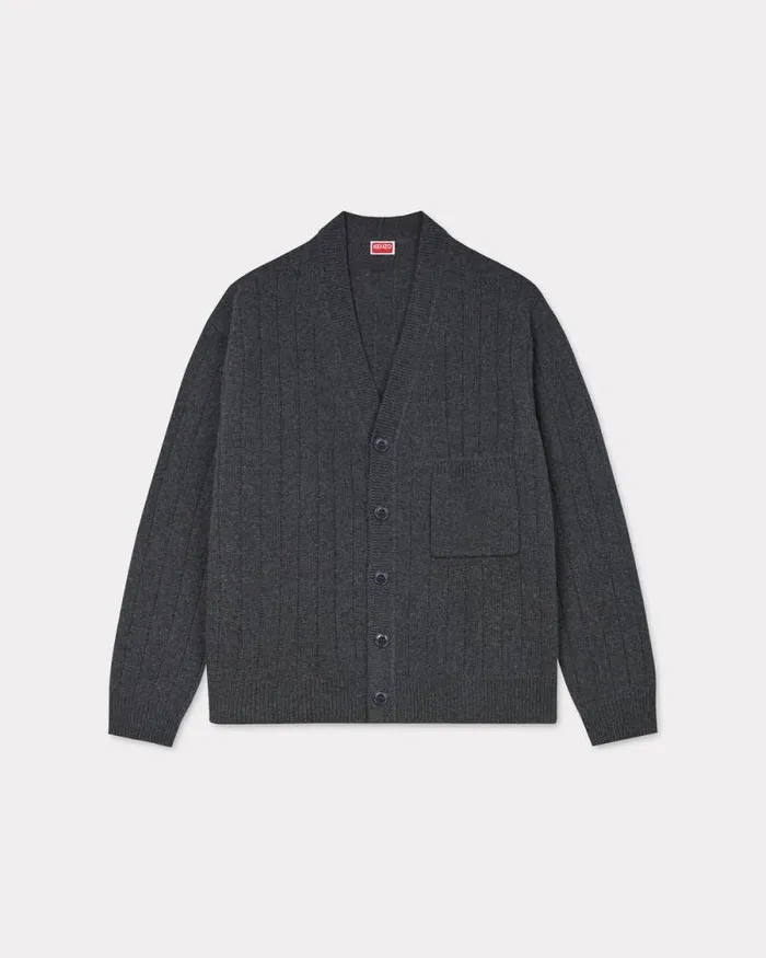 Men Embroidered Cardigan In Wool And Cashmere Stone Grey Kenzo Sweaters And Cardigans