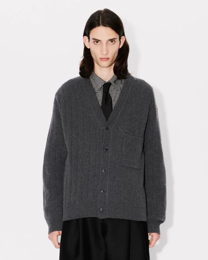 Men Embroidered Cardigan In Wool And Cashmere Stone Grey Kenzo Sweaters And Cardigans