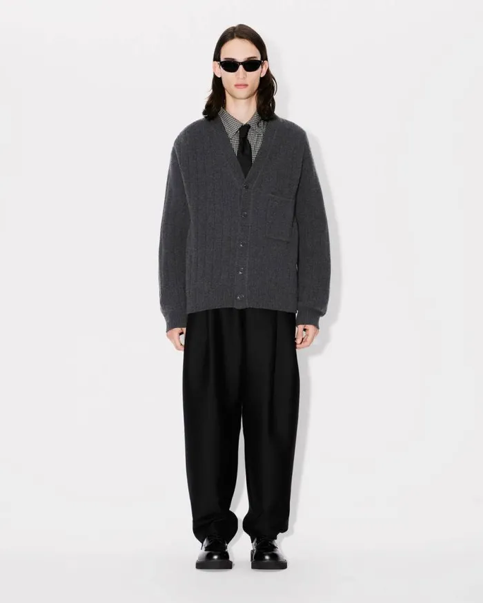 Men Embroidered Cardigan In Wool And Cashmere Stone Grey Kenzo Sweaters And Cardigans