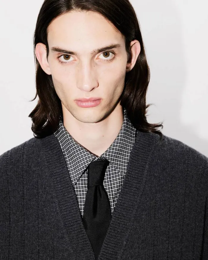 Men Embroidered Cardigan In Wool And Cashmere Stone Grey Kenzo Sweaters And Cardigans