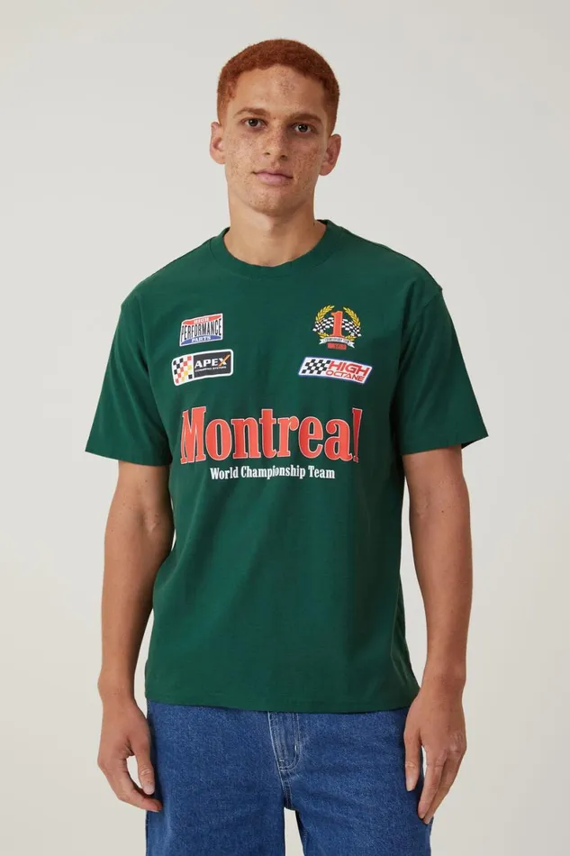 Men Graphic TShirts Cotton On Pit Stop Loose Fit TShirt Racing Green Montreal Multi Logo