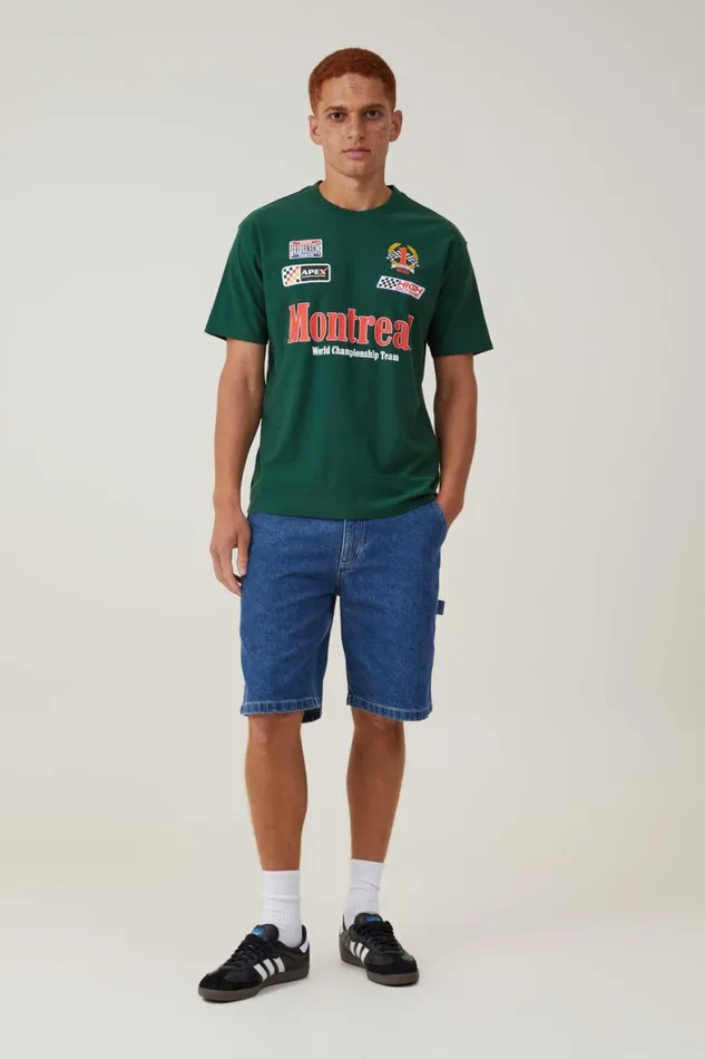 Men Graphic TShirts Cotton On Pit Stop Loose Fit TShirt Racing Green Montreal Multi Logo