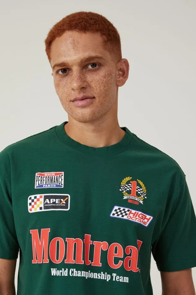 Men Graphic TShirts Cotton On Pit Stop Loose Fit TShirt Racing Green Montreal Multi Logo