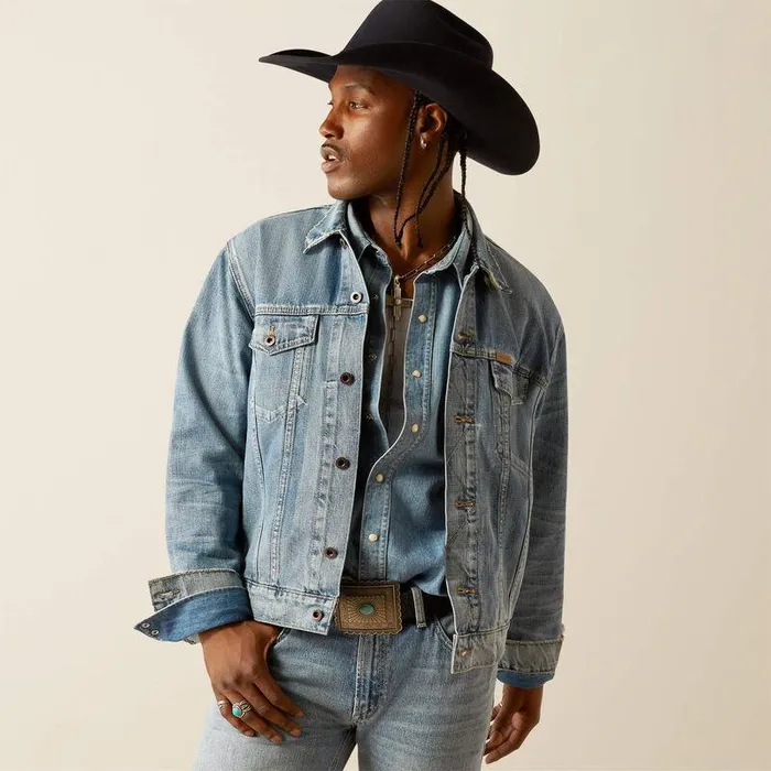 Men Jackets and Vests Ariat Everybody039s Yellowstone Hometown Denim Jacket Light Worn Out