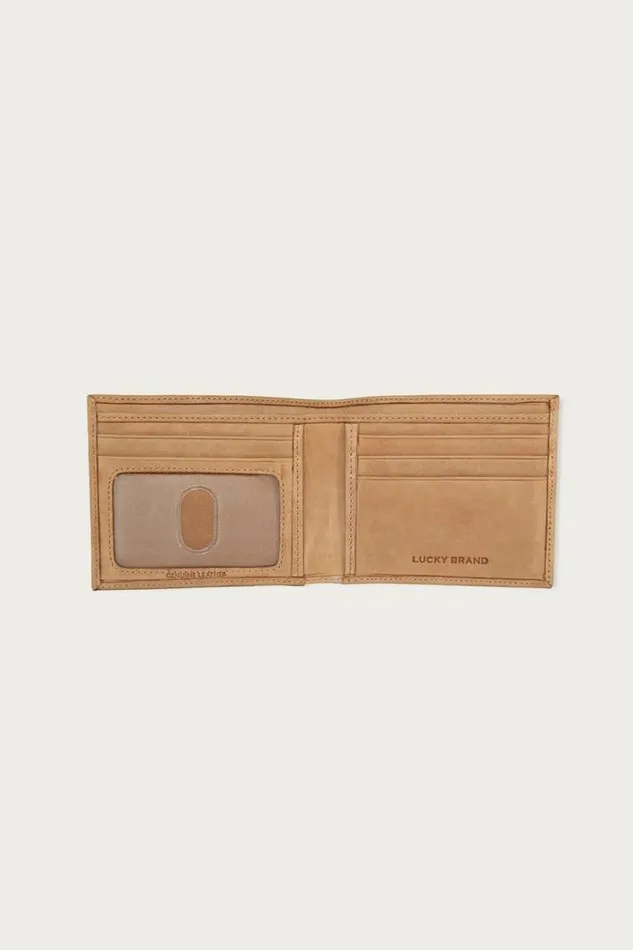 Men Lucky Brand Bags and Wallets Flag Embossed Leather Bifold Wallet Medium Brown