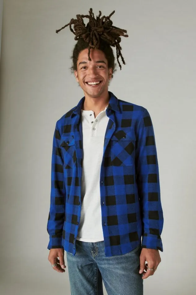 Men Lucky Brand ButtonDowns Buffalo Plaid Knit Shirting Blue Multi