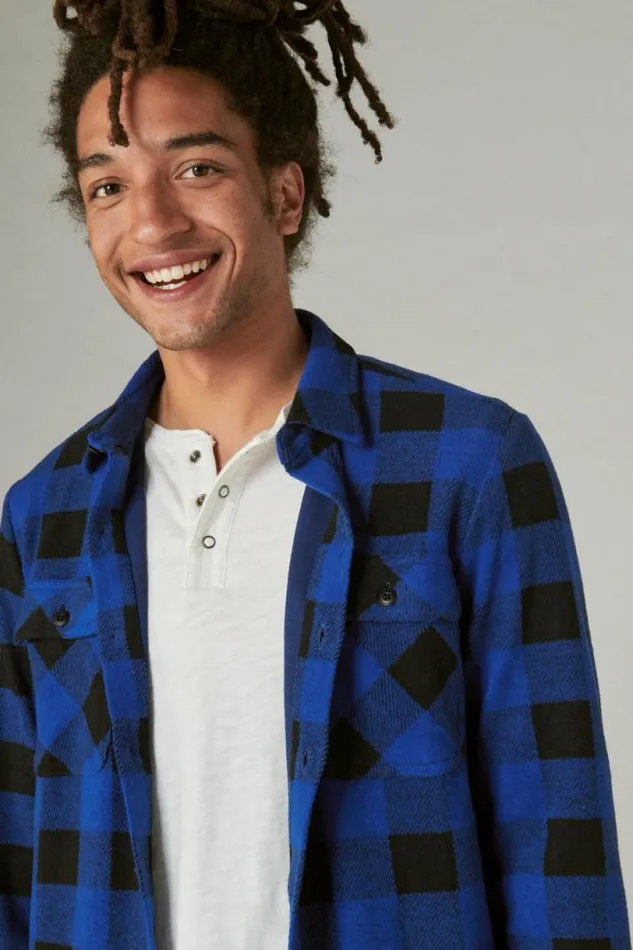 Men Lucky Brand ButtonDowns Buffalo Plaid Knit Shirting Blue Multi