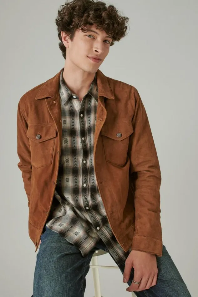 Men Lucky Brand ButtonDowns Plaid Dobby Western Long Sleeve Shirt Black Dobby Plaid