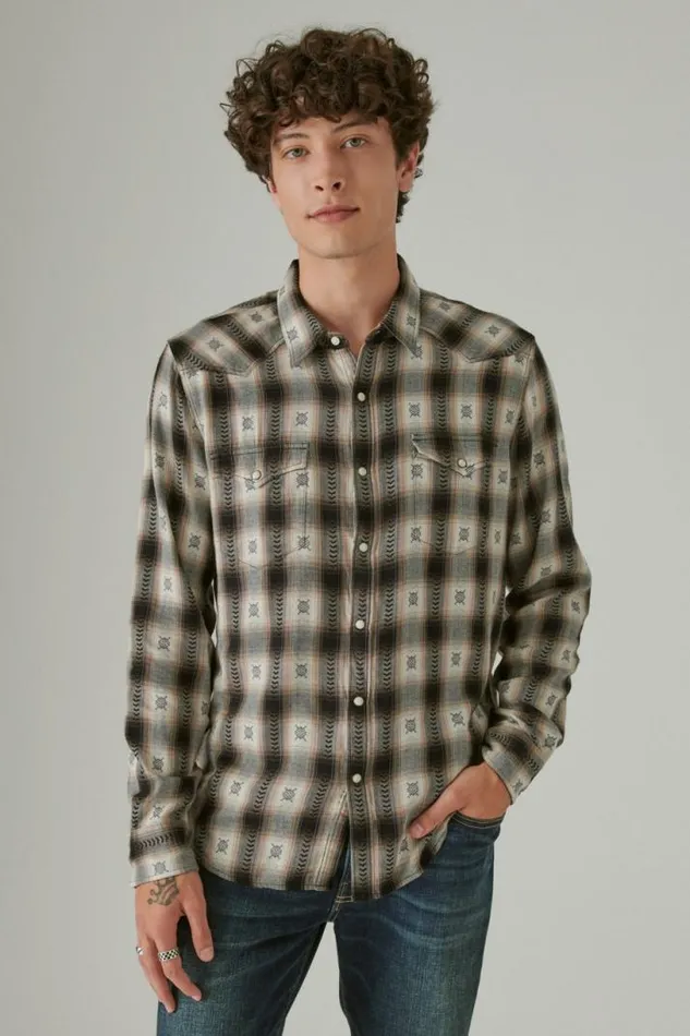 Men Lucky Brand ButtonDowns Plaid Dobby Western Long Sleeve Shirt Black Dobby Plaid