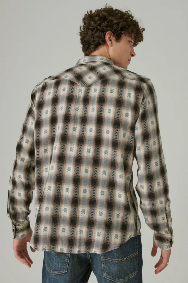 Men Lucky Brand ButtonDowns Plaid Dobby Western Long Sleeve Shirt Black Dobby Plaid