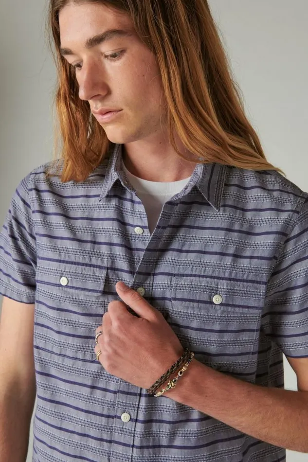 Men Lucky Brand ButtonDowns Striped Short Sleeve Utility Shirt Blue Stripe