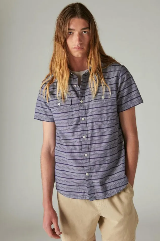 Men Lucky Brand ButtonDowns Striped Short Sleeve Utility Shirt Blue Stripe