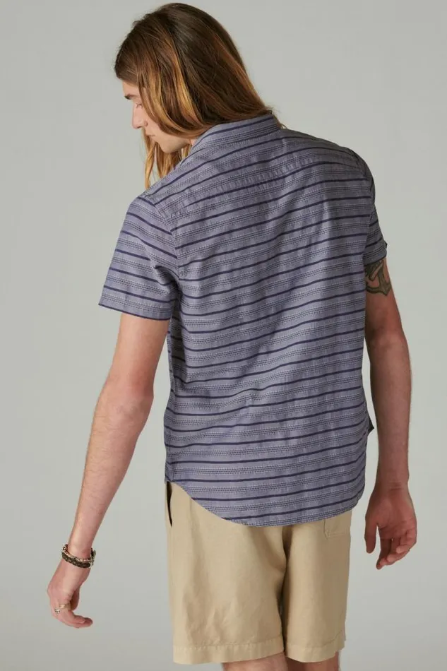 Men Lucky Brand ButtonDowns Striped Short Sleeve Utility Shirt Blue Stripe