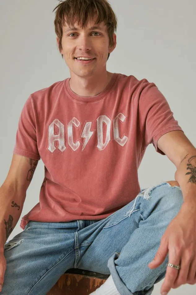Men Lucky Brand Graphic Tees Acdc Bolt Brick Red