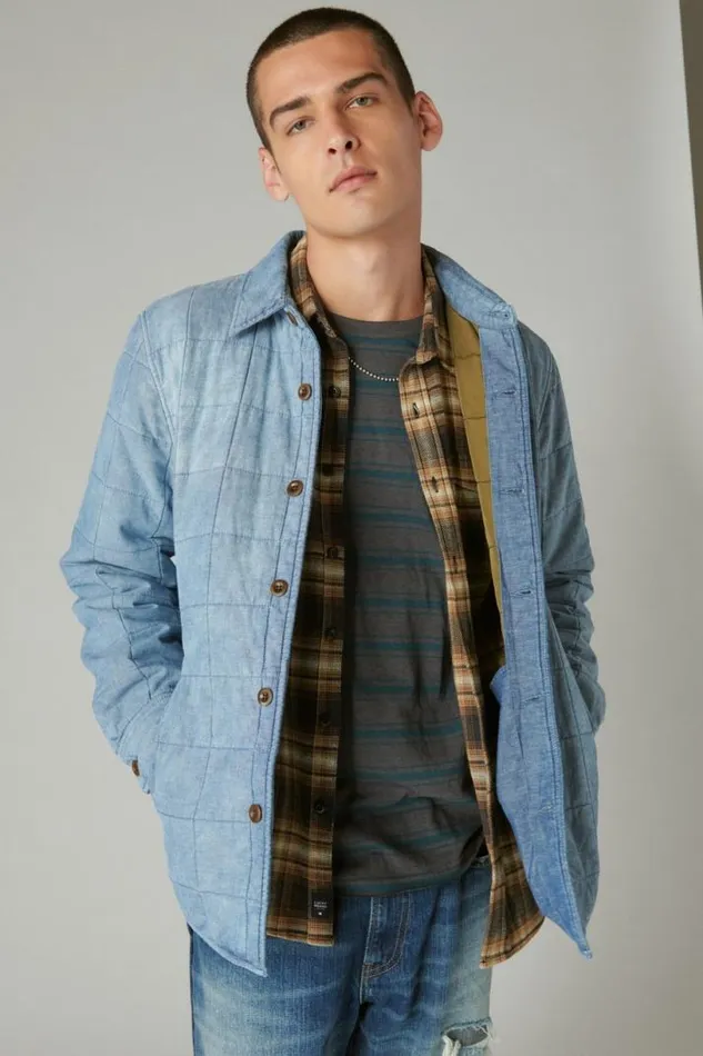 Men Lucky Brand Jackets and Outerwear Quilted Chambray Shirt Jacket Indigo
