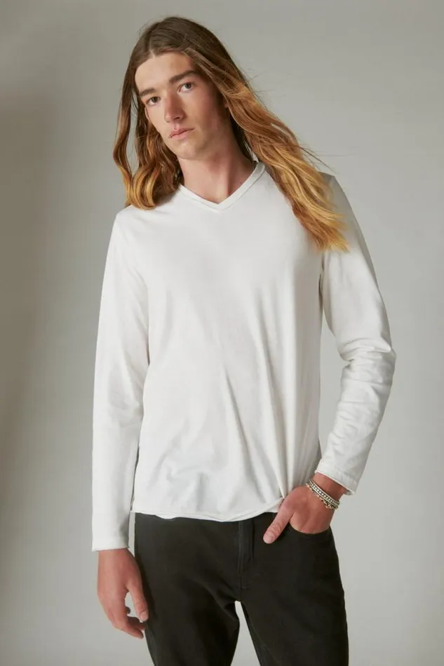 Men Lucky Brand Shirts and Tops Venice Burnout Long Sleeve V Neck Marshmallow