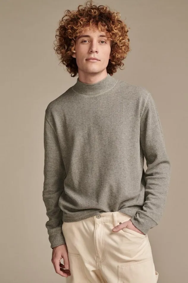 Men Lucky Brand Sweaters French Rib Long Sleeve Mock Neck Heather Grey