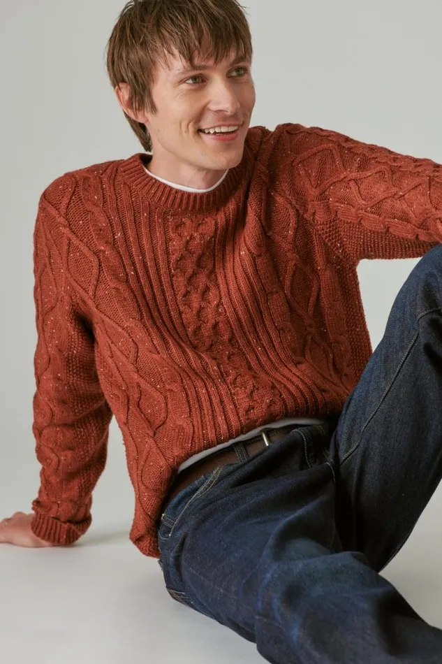 Men Lucky Brand Sweaters Mixed Stitch Tweed Crew Neck Sweater Terracotta
