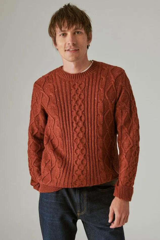 Men Lucky Brand Sweaters Mixed Stitch Tweed Crew Neck Sweater Terracotta