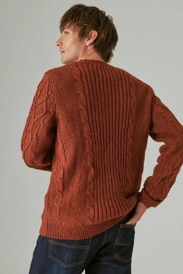 Men Lucky Brand Sweaters Mixed Stitch Tweed Crew Neck Sweater Terracotta
