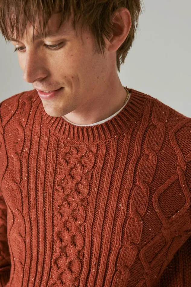 Men Lucky Brand Sweaters Mixed Stitch Tweed Crew Neck Sweater Terracotta