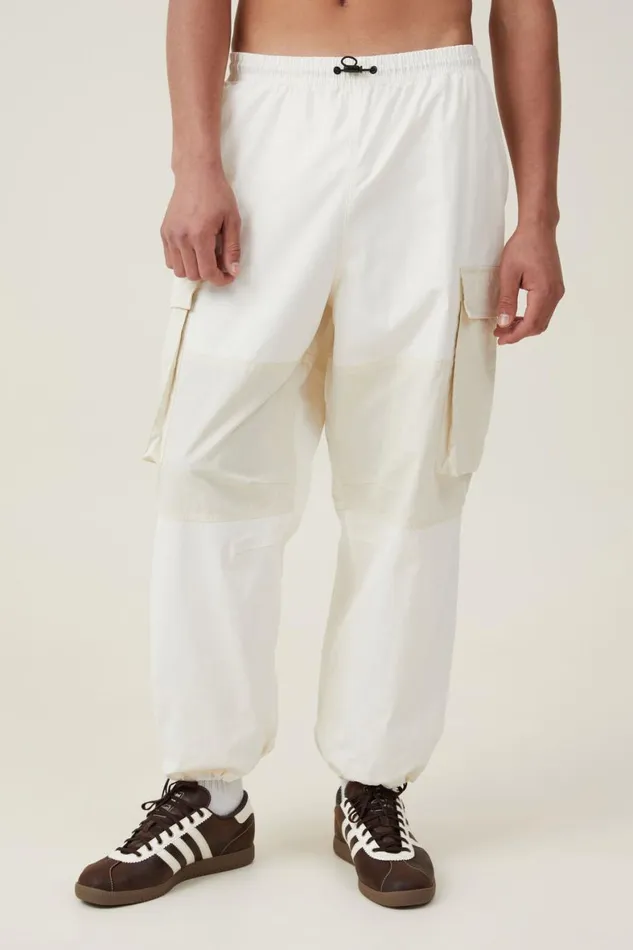 Men Pants Cotton On Parachute Super Baggy Pant Ecru Knee Panel