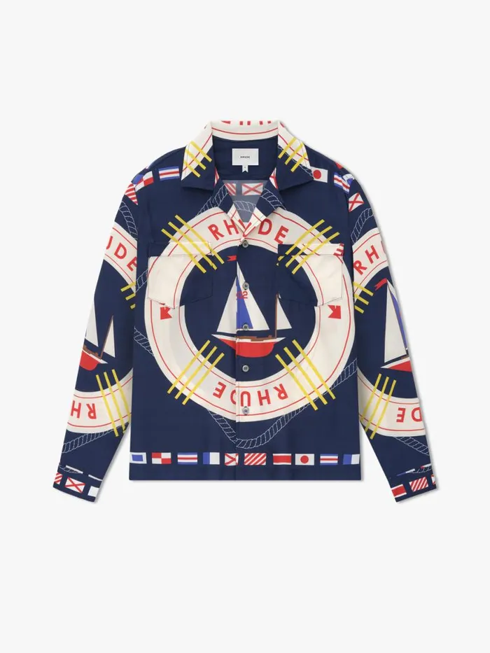 Men Rhude Shirts FLAG SAIL LS SILK SHIRT Blue Multi