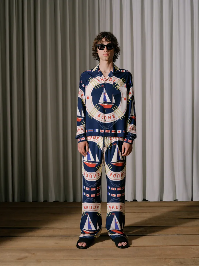 Men Rhude Shirts FLAG SAIL LS SILK SHIRT Blue Multi