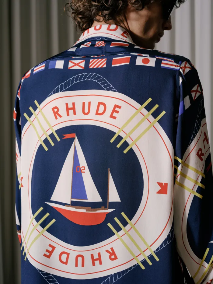 Men Rhude Shirts FLAG SAIL LS SILK SHIRT Blue Multi