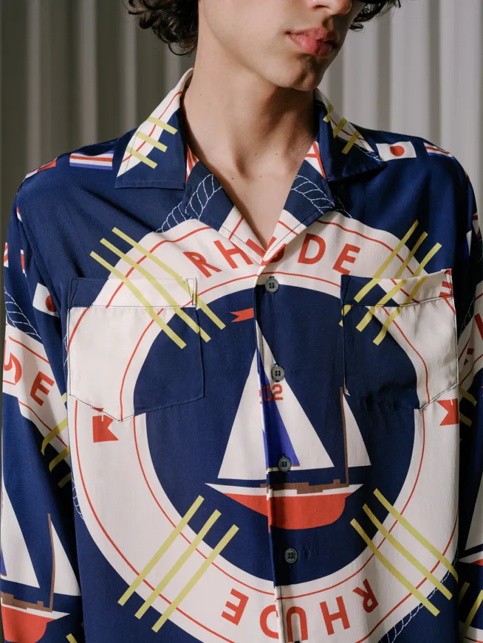 Men Rhude Shirts FLAG SAIL LS SILK SHIRT Blue Multi